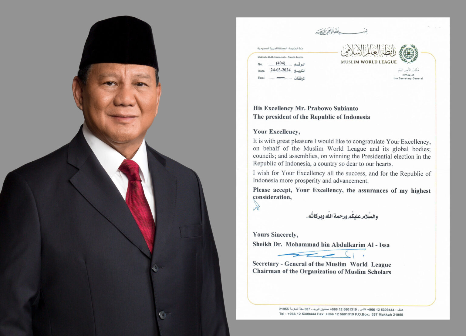 World Muslim League Offers Congratulations to Prabowo Subianto on Presidential Win