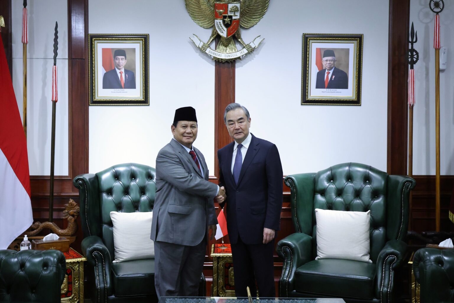 Prabowo Subianto greets Chinese Foreign Minister and is congratulated as President-Elect with record-breaking votes