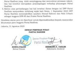 Partai NasDem Nonaktifkan Ahmad Sahroni dan Nafa Urbach Dari DPR RI